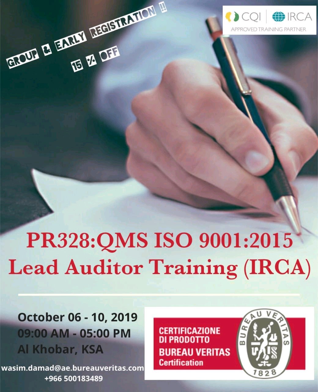 Klaar Pas op robot Bureau Veritas KSA on Twitter: "We are Delighted to announce Bureau Veritas upcoming Training session in Al Khobar, Saudi Arabia. PR328: QMS ISO 9001:2015 Lead Auditor Training (IRCA) (6th - 10th Oct - Klaar Pas op robot Bureau Veritas KSA on Twitter: "We are Delighted to announce Bureau Veritas upcoming Training session in Al Khobar, Saudi Arabia. PR328: QMS ISO 9001:2015 Lead Auditor Training (IRCA) (6th - 10th Oct -