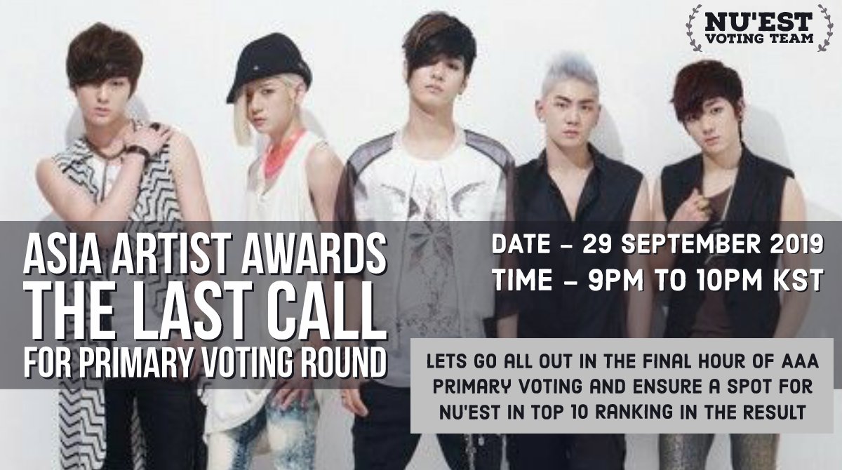 nuestvote's tweet photo. 🚨 LAST CALL MASS VOTE 🚨

29/9  9-10pm KST

AAA primary voting closes at 10PM. 
No rank is safe at this point! ⚠️

We still accept any gmail donations, send us DM or use form in our 📌

➡️ https://t.co/BjrWxRm7nD

@NUESTNEWS
#NUEST #뉴이스트
#JR #Aron #아론  #백호 #민현 #렌 https://t.co/f5aE0up7Xc