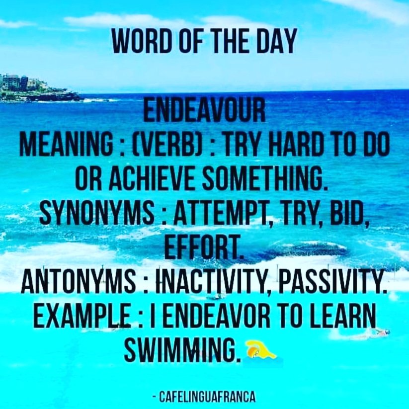 cafelinguafran1's tweet photo. #wordoftheday Endeavour
#SDG #UN #qualityeducation #vocabrevival #campaign #delhieducationrevolution #vocabpower #Act4SDGs #languagelearning #cafelinguafranca @ncert @SDGaction @unicefeducation @BSESammaan @aifoundation @gatesfoundation @teacherprize @SDGoals @GlobalGoalsUN https://t.co/7Ut5fwIFnj