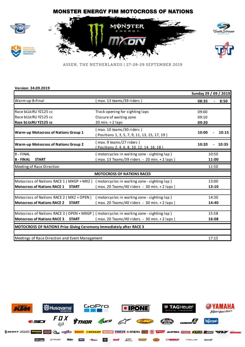 Timetable (CEST) 🇳🇱 #MXoN #Sunday #Raceday (29/09/2019) @TTCircuitAssen #MXoN2019