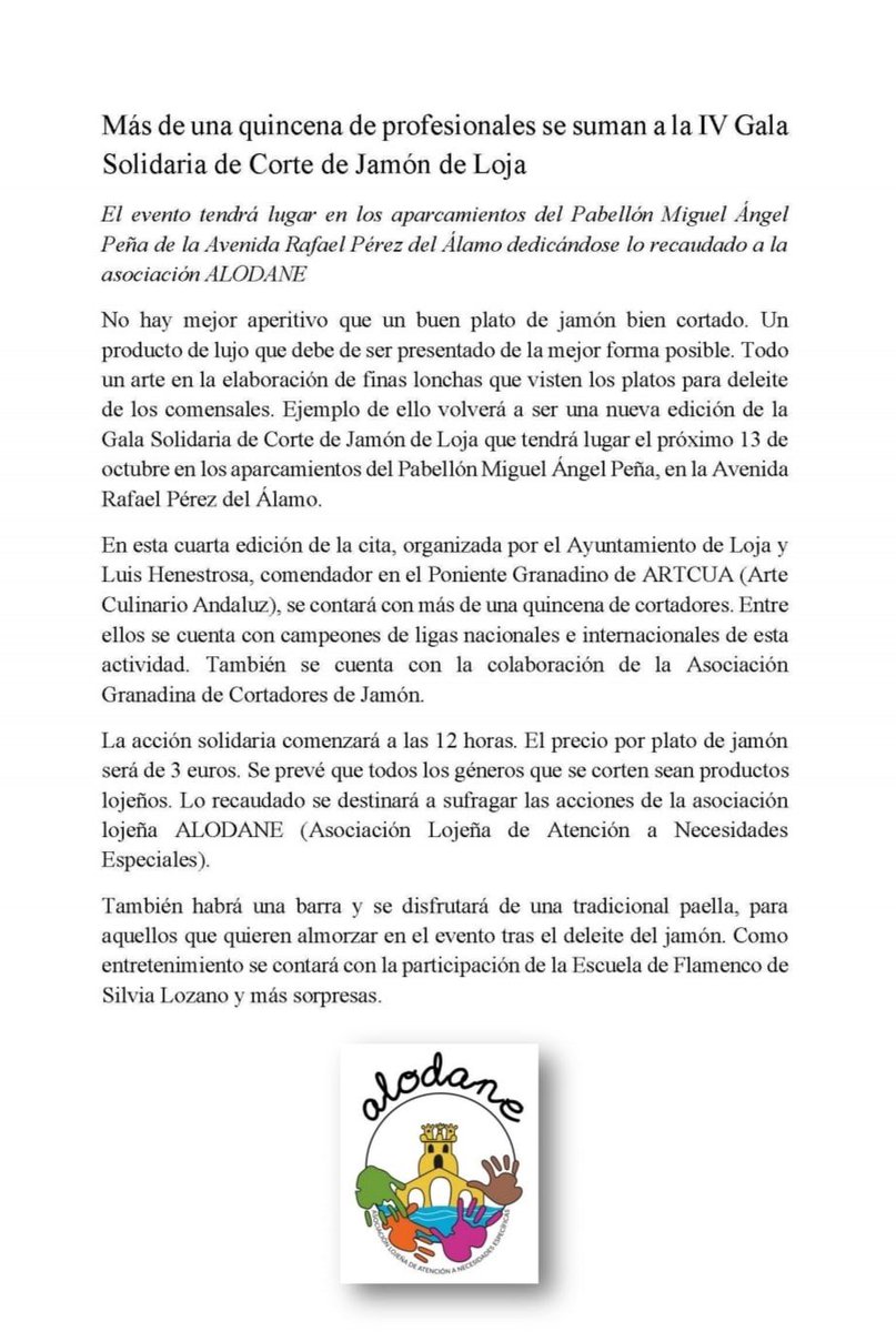 artcuandalucia's tweet photo. @artcuandalucia estará presente en la IV Gala solidaria de corte de jamón organizada por el #ayuntamientoloja #granada y nuestro compañero Luis Henestrosa. @chef_gala 
#weloveartcua #andaluciasiempre #artcuasolidaria https://t.co/YwBs8SOWOk