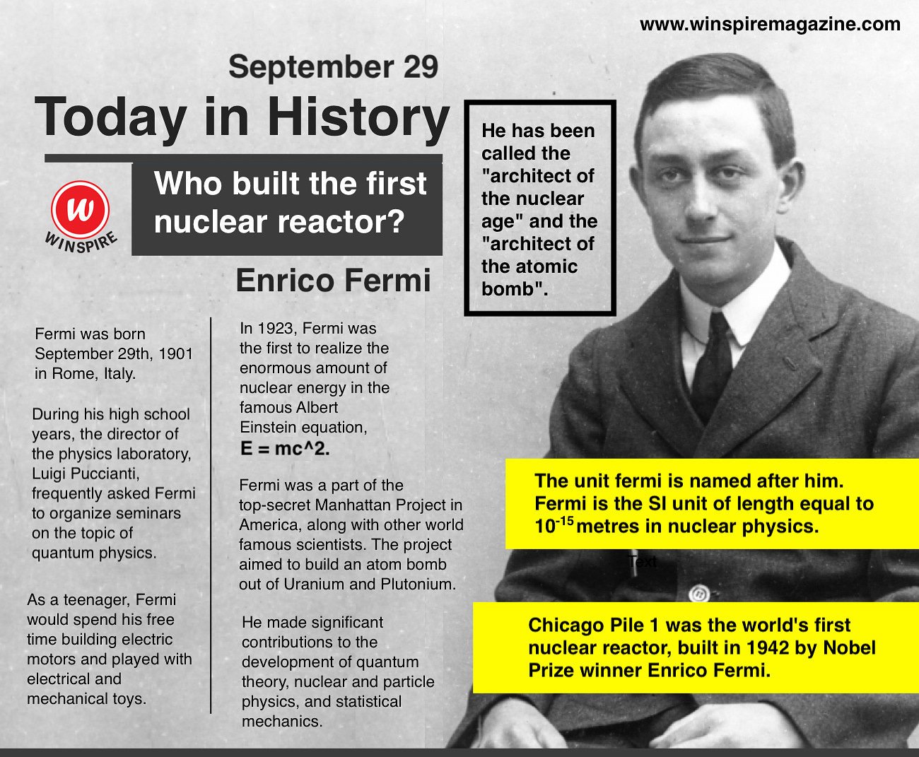 WINSPIRE MAGAZINE on X: "Do you know who was the person to built the  Nuclear reactor? Enrico Fermi! #winapiremagazine #winspirewaytolearn  #studentsmagazine #bestmagazineever #successminded #historyfacts  #scientistlife #nevergiveupsingcompetition ...