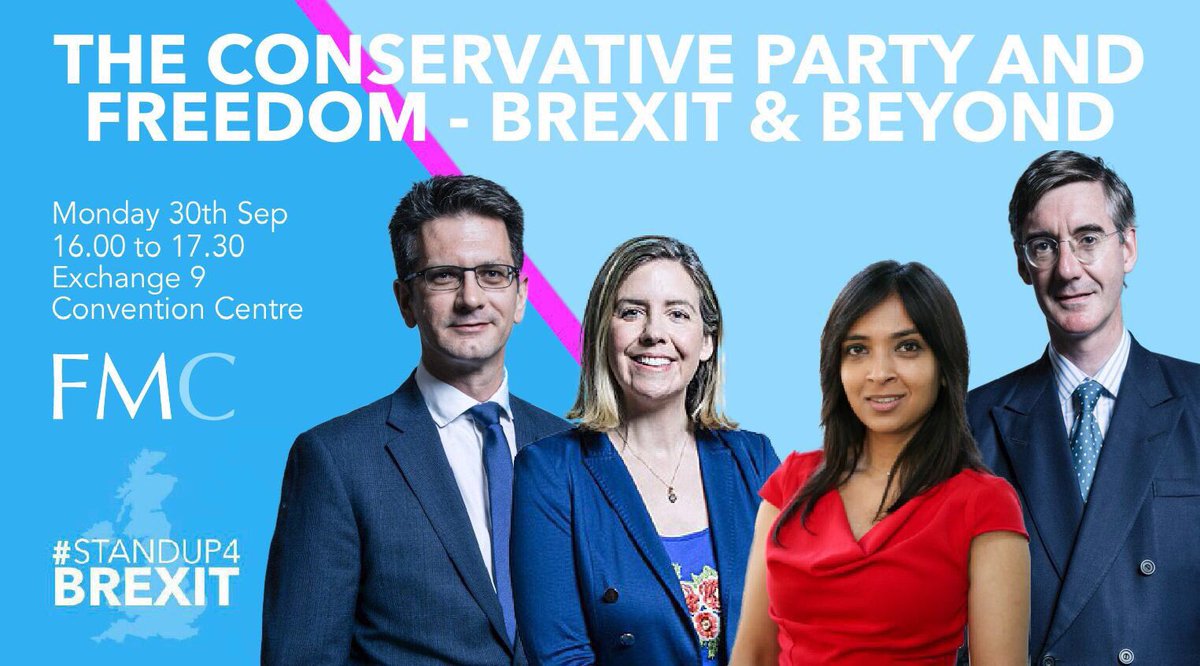 StandUp4Brexit's tweet photo. Heading to #CPC19? Make sure you put our event - in association with @FMConservatives - in your diary.

With ERG Chairmen past and present, @Jacob_Rees_Mogg &amp; @SteveBakerHW plus @andreajenkyns, and @DiaChakravarty chairing, it’s not to be missed. https://t.co/DgPnQNjTw0