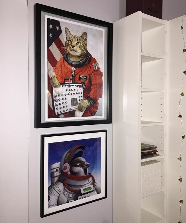 Nummymuffin's tweet image. #BIRB1 by @lovliken_ has arrived! Now #FuzzAldrin has a fine feathered space companion. ♥️ #homeimprovement #animalart #surrealism #surrealistart #animalsinspacesuits 🚀 ift.tt/2odzuZK