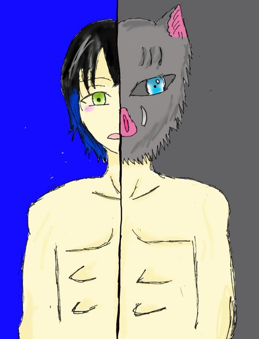 菜月さんがTwitterに投稿した嘴平伊之助(鬼滅の刃)のイラスト。