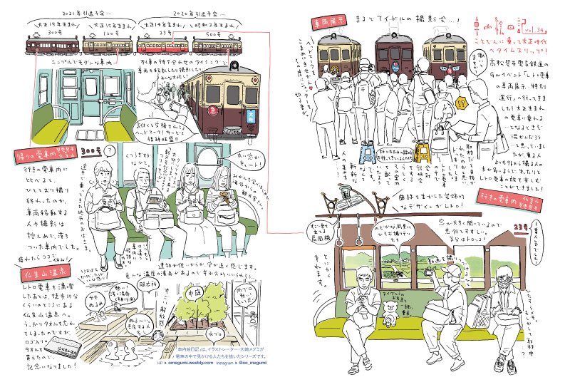 大崎メグミ 現在発売中 雑誌 旅と鉄道 11月号 山と渓谷社 の特集 めざせ 完乗大作戦 にイラスト 19点描かせていただきました 今回で34回目の連載 車内絵日記 も載っています 今回は 高松琴平電気鉄道のレトロ電車に乗った時のルポです 旅と