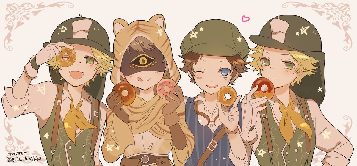 doughnut male focus multiple boys one eye closed food blue eyes hat  illustration images