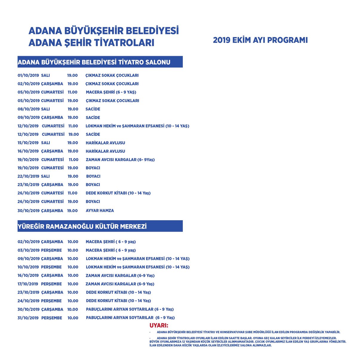 Adana Büyükşehir Belediyesi Şehir Tiyatrosu Ekim Ayı Oyun Programı