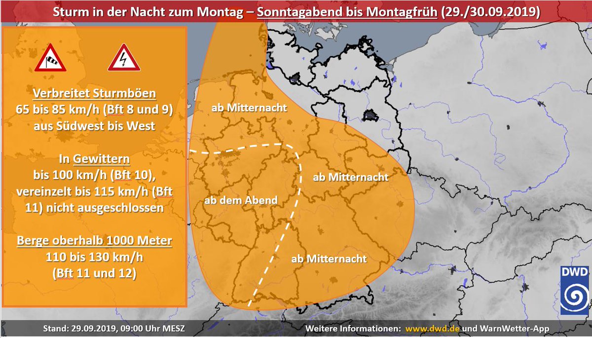 DWD_presse's tweet photo. Sturm Mortimer: Schwerpunkt heute Nacht v.a. Westen und Südhälfte, ab den Frühstunden dann im Norden, Nordosten und Osten. Gefahr wegen belaubter Bäume! Behinderungen im Straßen- und Schienenverkehr morgen früh erwartet! /V https://t.co/7BuTTtGdA5