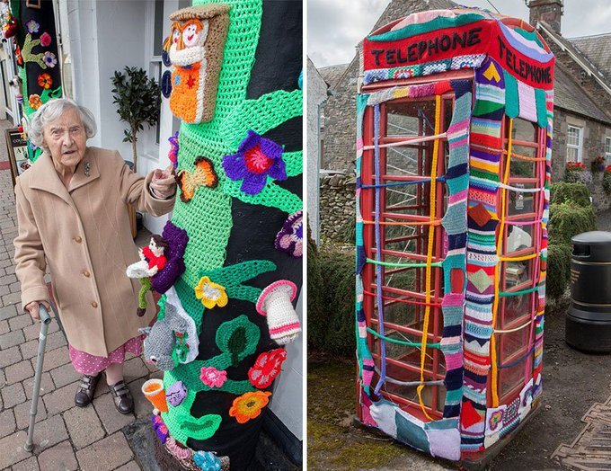 UK, at age 104 Grace Brett was a member of band of guerilla knitters and was thought to be the oldest street artist/yarn-bomber in the world #womensart