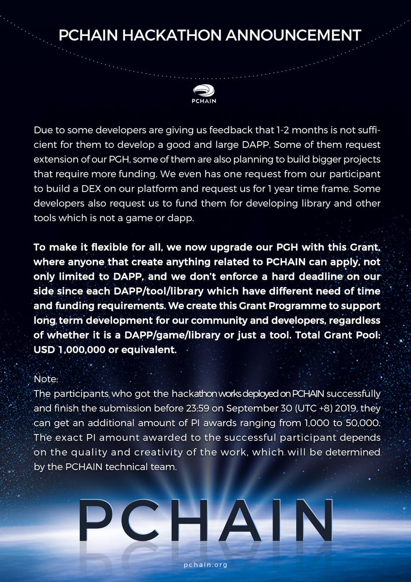 plian_org's tweet image. To support long term development for #PCHAIN community and developers, we now upgrade PCHAIN #Hackathon with the incentive #grant programme. 
The total Grant Pool: USD 1,000,000 or equivalent PI. 
👉Check the poster below. 
👉Details: medium.com/@PCHAIN/pchain…