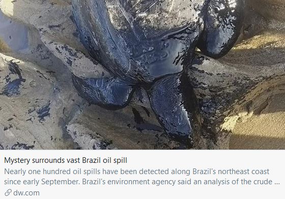 This is what the  #EcologicalCrisis looks like in  #SouthAmerica right now.27/Sep/2019:Oil spill of unknown origin "stretches over 1,500 km of  #Brazil's northeast coast, affecting 46 cities and around 100 of the country's best beaches ..." https://www.dw.com/en/source-of-vast-oil-spill-covering-brazils-northeast-coast-unknown/a-50600648