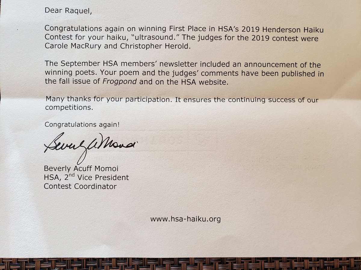 FoundingEditor's tweet photo. 1st Place! I am so DELIGHTED! Thank you to HSA and the #haiku poetry contest judges; Carole MacRury &amp; Christopher Herold. 😃🖋📚

#WritingCommunity #poetrycommunity #writercrew #WriterLift #SundayMorning #writerslife #micropoetry #jhaiku
#beINSPIRED https://t.co/Oj7bOW6Fap