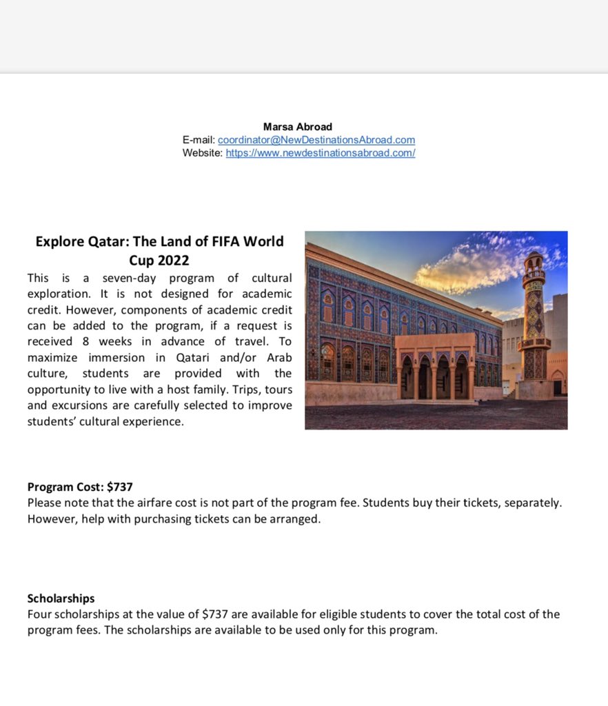 Qatar 7-Day Program Cost and Scholarship Information