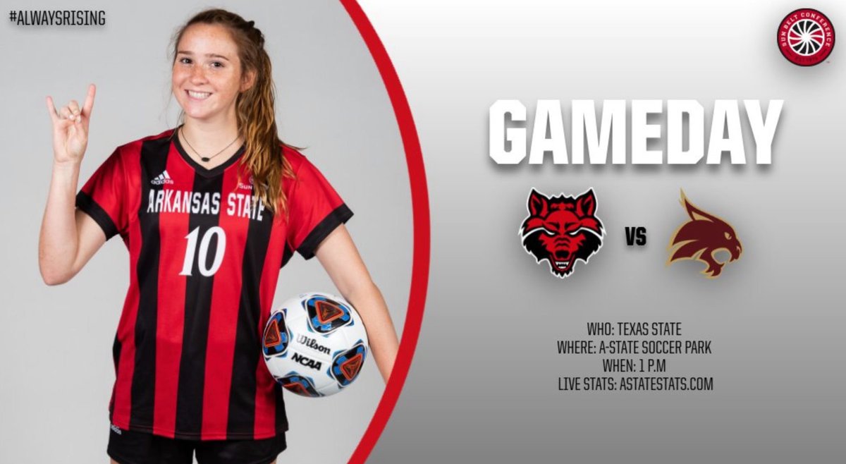 AStateSoccer's tweet photo. RISE &amp; SHINE it's GAMEDAY!

📅: Sep. 29
🆚: Texas State
🏟: A-State Soccer Park
📍: Jonesboro, Ark.
⌚️: 1 p.m.
📊: https://t.co/CDETWyzxyC
🖥: https://t.co/rlSLX5dhQD
#WolvesUp x #AlwaysRising https://t.co/krOFneltjU