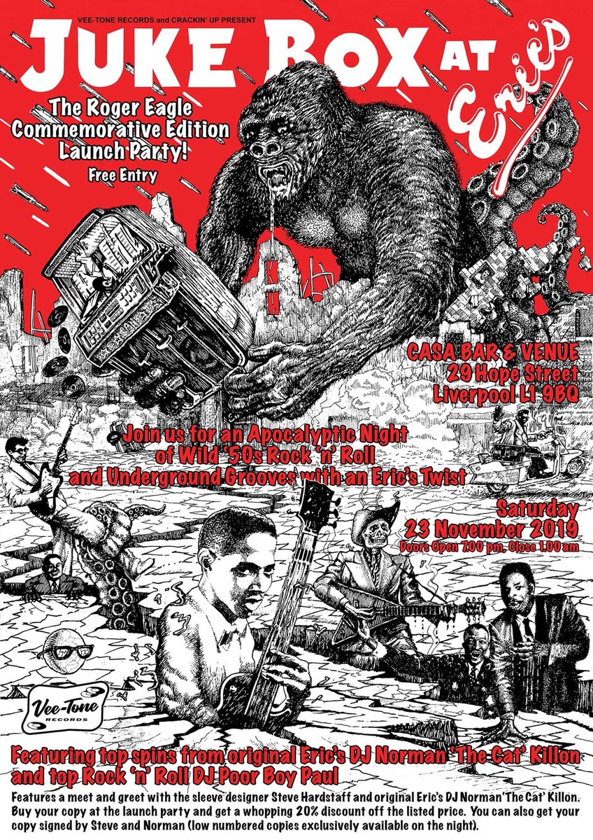 VeeToneRecords's tweet photo. Juke Box At Eric’s – The Roger Eagle Commemorative edition launch party!  (Saturday 23rd November 2019 Doors Open 7.00 pm Close 1.00 am)

CASA BAR and VENUE, 29 Hope Street, Liverpool, L1 9BQ

FREE ENTRY (no ticket required) https://t.co/4dTGouh8Gl