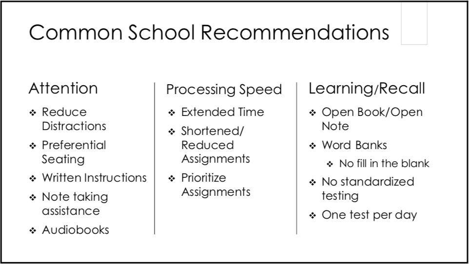 MissyFraserATC's tweet photo. Cynthia Austin gave an excellent talk about return to learn following #concussion. These school recommendations are fabulous! Hoping schools start implementing these changes. @TXST_AT @HHP_TXST @TXSTCOE @txst @360NeuroHealth #CHSummit #RTL #accomodations #attention #speed #recall https://t.co/hPVdu3IgyD