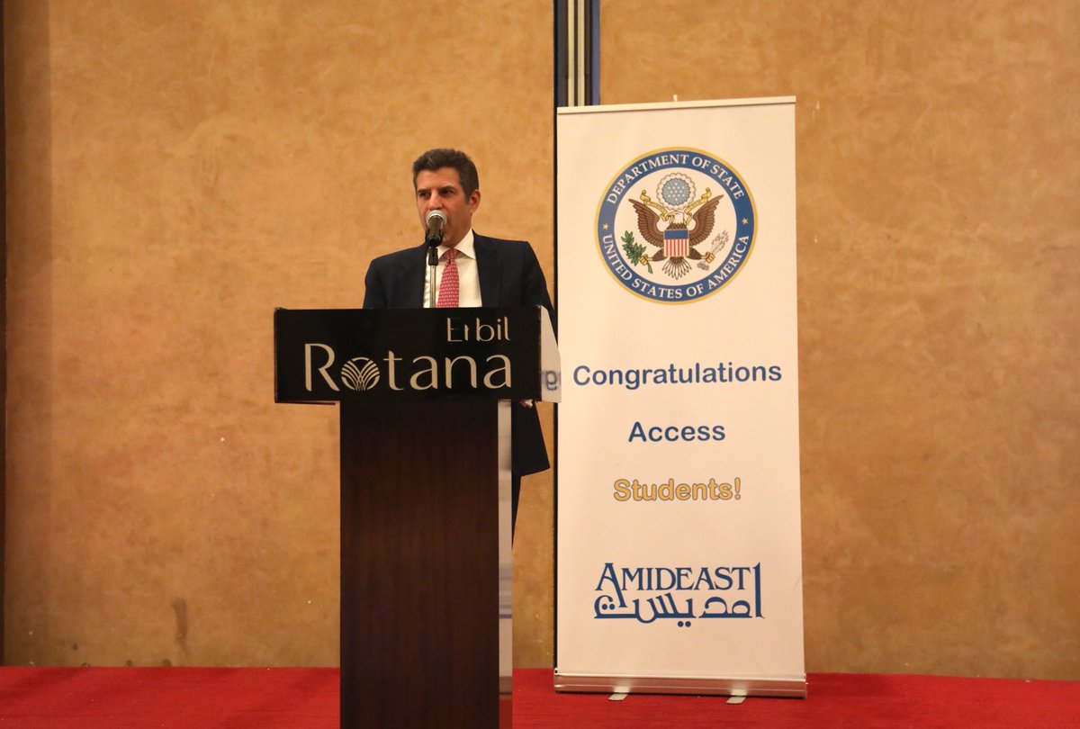 USCGERBIL's tweet image. CG Steve Fagin attended the U.S. Government-funded Access Microscholarship Program graduation ceremony in Erbil, which is implemented by #AMIDEAST. CG Fagin spoke to the crowd and then handed out Certificates of Achievement to 50 young students who are IDPs from #Ninewa.