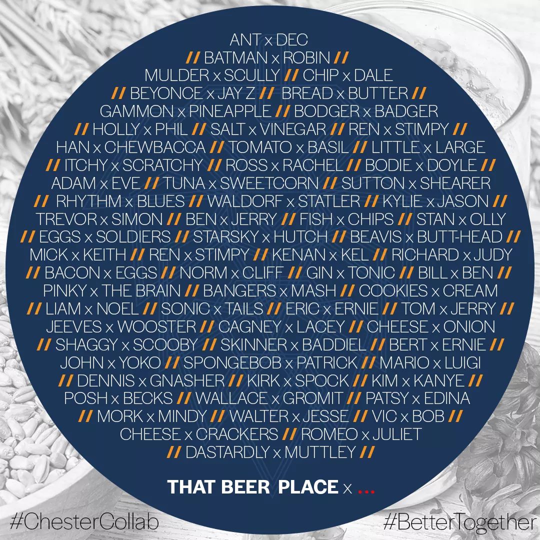 ThatBeerPlaceHQ's tweet photo. Perfect pairings create memorable moments...

For Chester Market's late-night #SaturdaySocial in November, we'll be hosting our most ambitious collab to date!

#WatchThisSpace

#ChesterCollab #BetterTogether
#LoveChesterMarket https://t.co/aPLvyZiPSl
