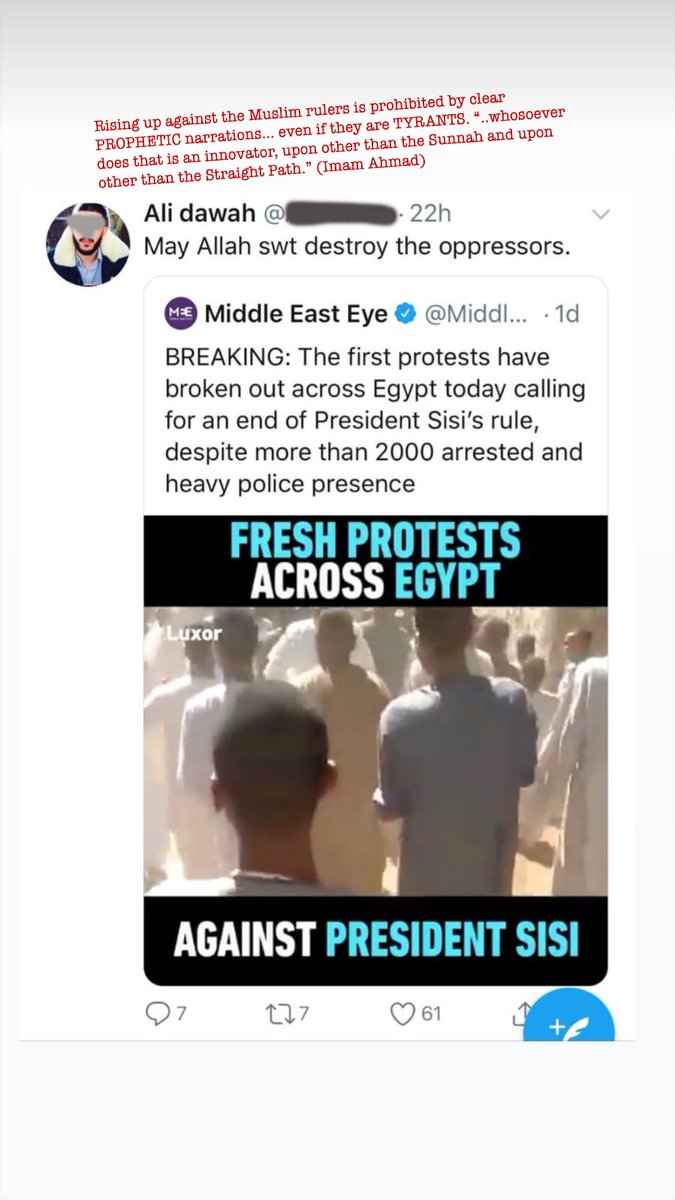 AbuKhadeejahSP's tweet photo. Protests, rebellion and fighting against the pious or tyrannical Muslim ruler is prohibited by clearcut ahādīth. And ijmā’ has been reported forbidding revolt against the sinful &amp; wicked rulers and leaders. Imām Ahmad said: Whoever rebels is an innovator, opposer of the Sunnah. https://t.co/8esQyMFp5D