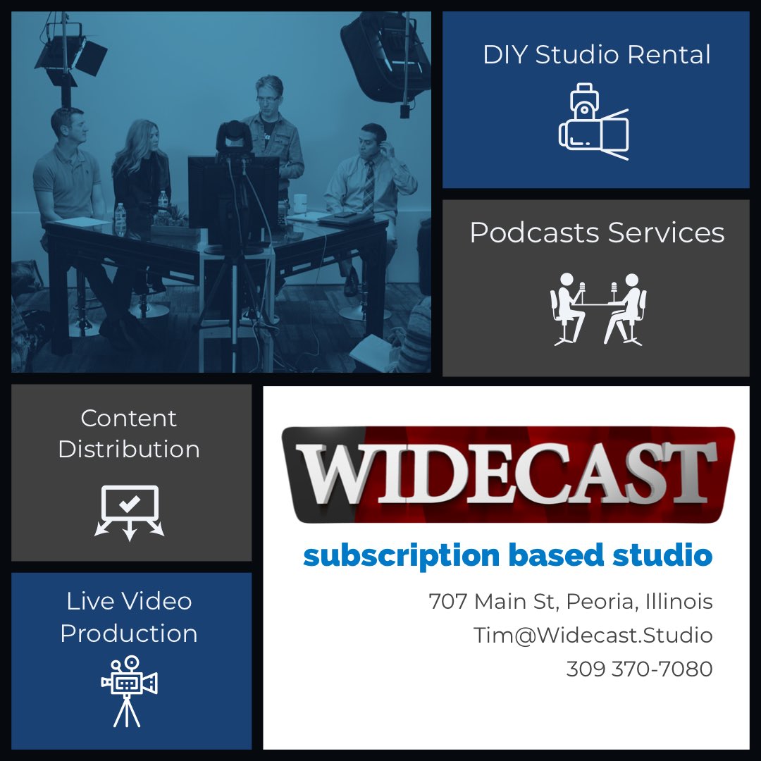 We are <a href="/PeoriaArea/">Peoria Area</a>’s #podcast  or #Vodcast studio. DIY or let our production crew do it for you. Subscription based... starting at $225. We syndicate to radio, TV and social