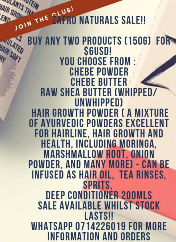 HairZafro's tweet photo. We sell all-natural hair products for all hair types. Products range from hair growth powder, shea butter, Deep conditioner, chebe powder and butter.  #RedMarketSundays @iMisred https://t.co/4KeaItJwIA