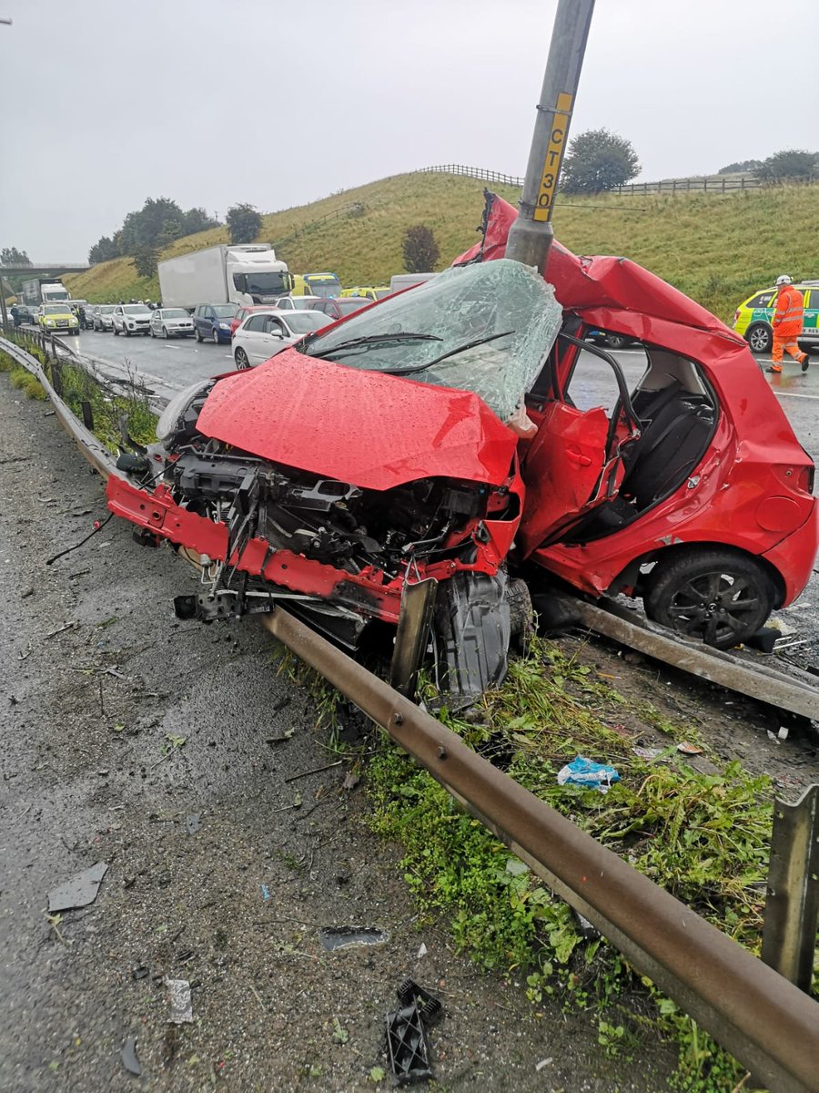 NWmwaypolice's tweet photo. The RTC on the M62 has been handed over to @HighwaysNWEST  for repairs &amp; recovery. WB remains closed at present. Just the driver on board who has survived &amp; taken to hospital with injuries.
A combination of poor driving and wet weather being the cause.   20838 https://t.co/Ts0wUfsMy4