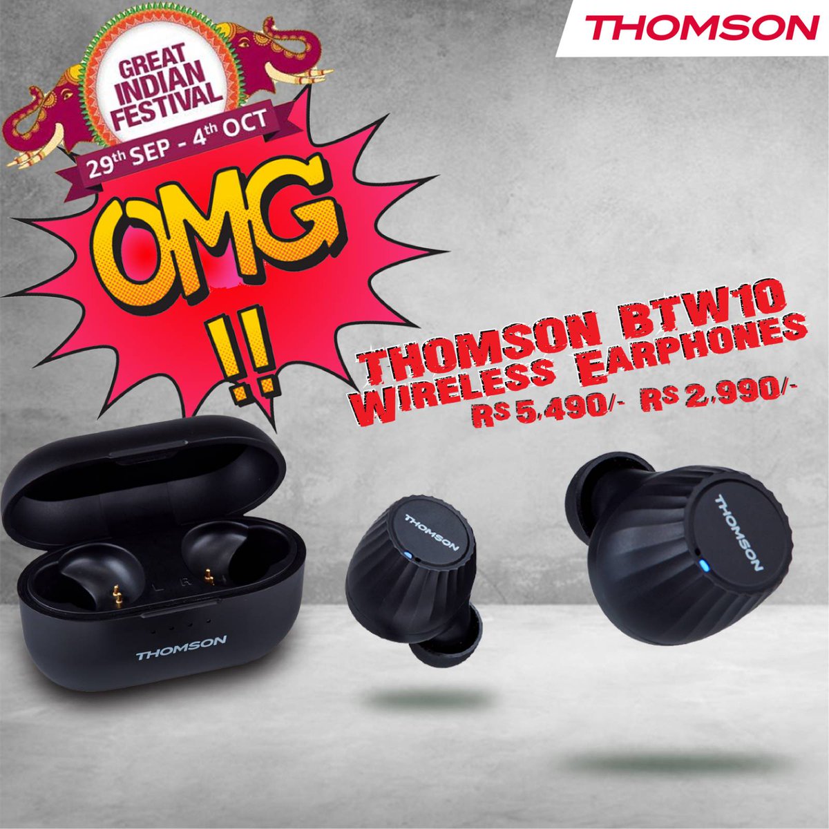 AudioThomson's tweet photo. Yeet! It is here. The offer that rocks and rolls jumps onto the floor. You can’t get a better deal on the new BTW10 earphones. So grab this with both hands.#Thomson #Thomsonaudio #Nowinindia #Fromeurope #Europeanyouthmachine #Amazon #Amazongreatindianfestival #amazonsale #shopnow https://t.co/Ieq7IxAqJx