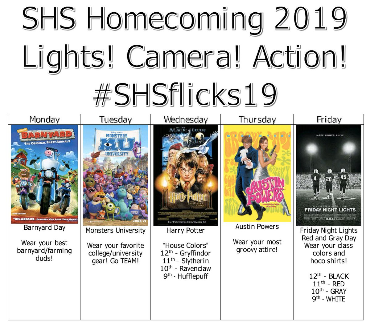 So.... next week is important. Why you ask? Oh nothing too crazy... it’s just HOMECOMING‼️🏈 Here’s a reminder on what each day will be this week counting down to Friday night‼️ Share your pictures with #SHSflicks19 and show your Highlander spirit all week‼️ #DefendtheFarm #H4L