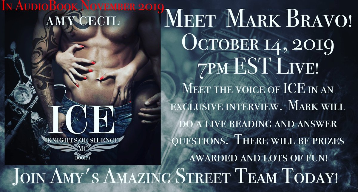 mons_menagerie's tweet image. ✸✸MEET THE VOICE OF ICE ✸✸
ICE ~ Knights of Silence MC (book 1) 
by Amy Cecil 
Narrator ~ Mark Bravo
✸
Where? bit.ly/AmysAmazingStr…
✸
When? October 14, 2019 - Monday -  7p EST
✸
📚Check out the blurb and add ICE to you TBR:
bit.ly/ICEGoodreads

#KOSMC #audiobooks