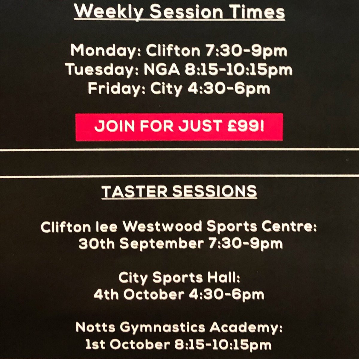 First taster session is TOMORROW! 🤩
If you are Clifton based then you have to attend; 7:30-9 🤸‍♀️
If you are city based and fancy coming along, get the number 4 bus from Shakespeare Street, all day return ticket costs £3.70🤸‍♂️
Please also remember to sign in at the reception desk!