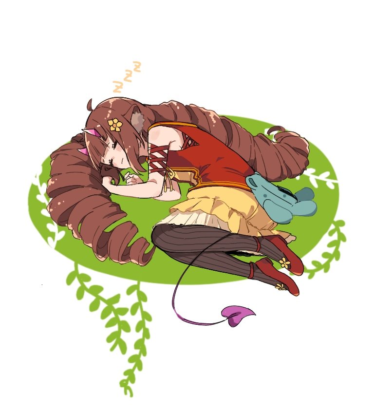 1girl tail solo drill hair sleeping horns zzz  illustration images