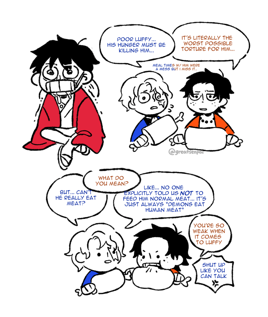 it's not really clarified (afaik) why demons cant eat normal meat.... so wwdits joke (read left to right) #onepiece #kimetsunoyaiba