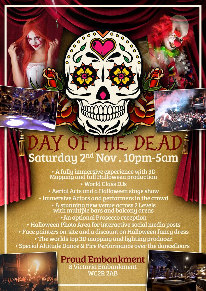 FashionMusicPR's tweet image. Day of the Dead Halloween party at Proud Embankment 🔥 
Advanced link: residentadvisor.net/events/1305178 Only £7.50 until we announce our Headliner DJ. 
Buy now 🎃🖤💣 #DayOfTheDead #ProudEmbankment #TopProduction #TopDJs #HouseMusic #FancyDress #StunningLocation #London #Halloween2019
