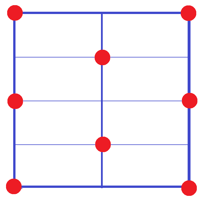 jamestanton's tweet image. It is possible to arrange 8 dots in a unit square so that each and every pair of dots is at least d units apart with d = 0.5. Find another arrangement of 8 dots with a larger d-value. (How large a d can one get?)