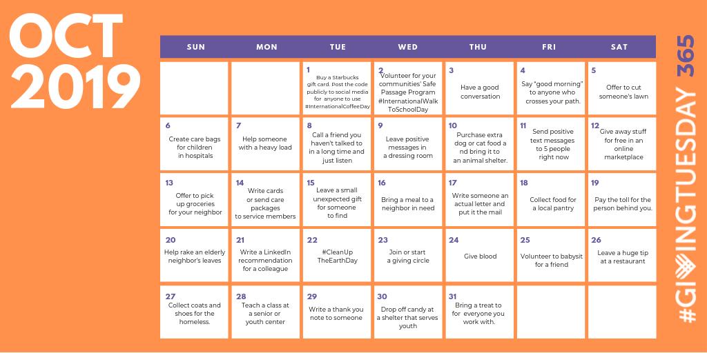 An October Calendar with ideas for ways to give back each day