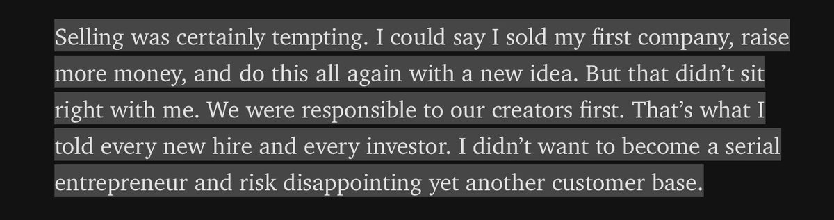 The end game of being bought out is fantasized. Then offers arrise and fantasies change. 

medium.com/p/reflecting-o… via <a href="/medium/">Medium</a> by <a href="/shl/">Sahil Lavingia</a>, the founder of <a href="/gumroad/">Gumroad</a>