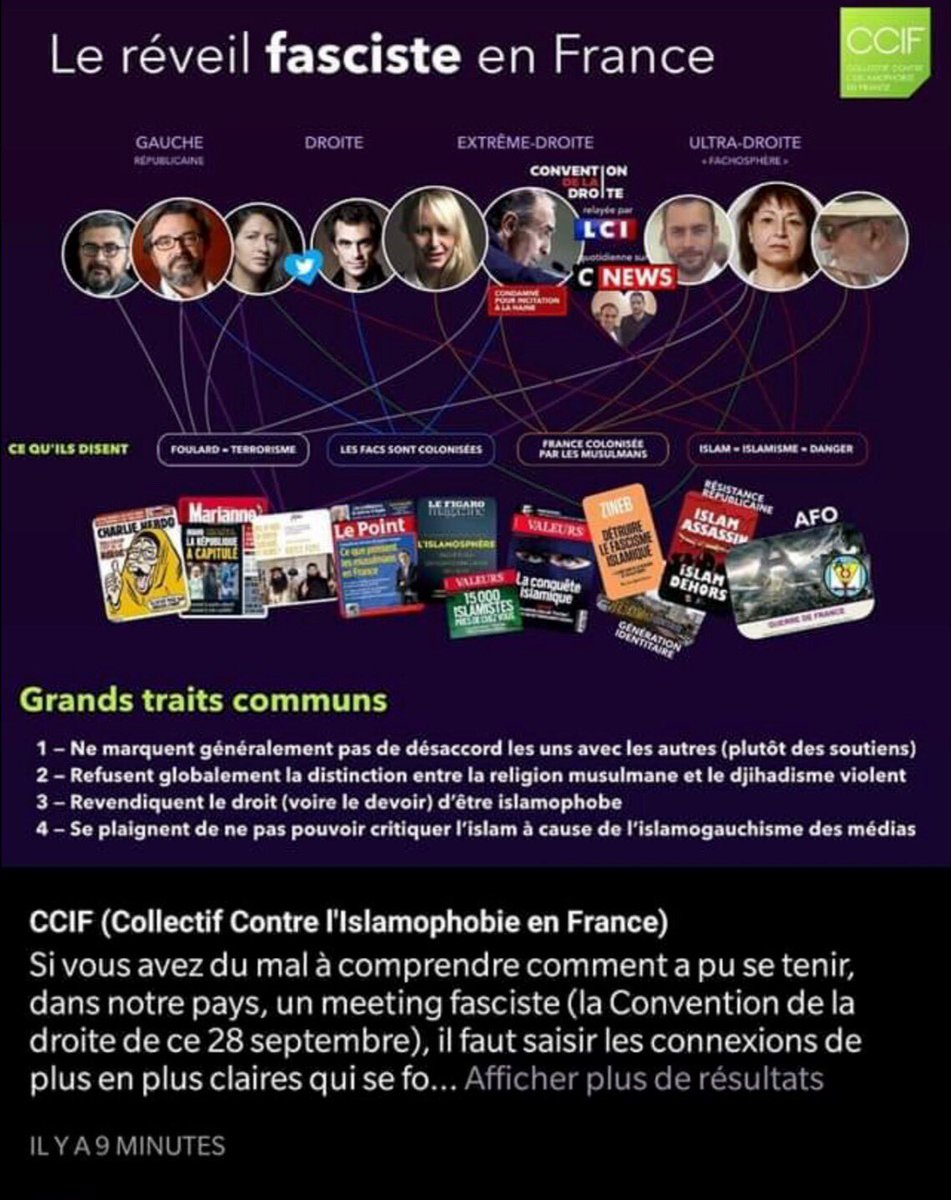 Amine El-Khatmi (@Amk84000) on Twitter photo 2019-09-29 19:04:07 L’officine islamiste @ccif accuse pêle-mêle @laurentbouvet @ZinebElRhazoui, @Enthoven_R ou encore les rédactions de @Charlie_Hebdo_ ou de @MarianneleMag d’être responsables d’un réveil fasciste. On pose des cibles, comme si le sang n’avait pas déjà été versé. C’est ignoble ! L’officine islamiste @ccif accuse pêle-mêle @laurentbouvet @ZinebElRhazoui, @Enthoven_R ou encore les rédactions de @Charlie_Hebdo_ ou de @MarianneleMag d’être responsables d’un réveil fasciste. On pose des cibles, comme si le sang n’avait pas déjà été versé. C’est ignoble !