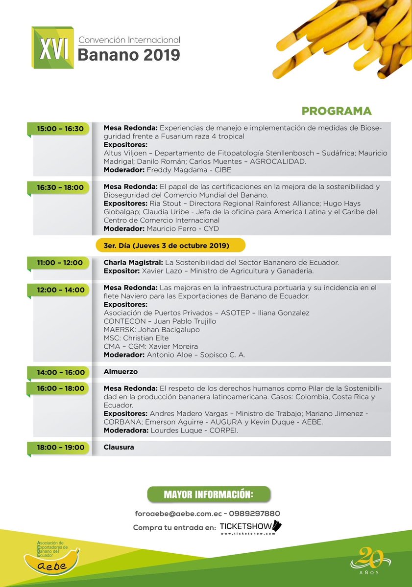 aebeecuador's tweet photo. Programa de Conferencias.
XVI CONVENCIÓN INTERNACIONAL DEL BANANO 2019.
📅Del 1 al 3 de octubre
📌Hotel Hilton Colón de Guayaquil
#ForoAebe
#ConvenciónBanano #ForoBananero
#Aebe20años #ConvenciónAebe #banano #bananoecuatoriano #Convención https://t.co/9c35OrCSLY