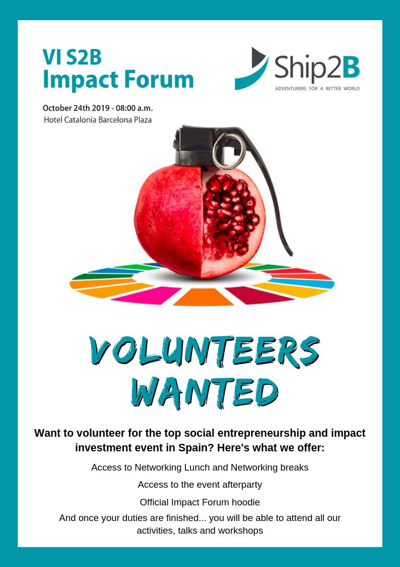 We are looking for enthusiasts in the social impact world to participate in the event of reference for social entrepreneurship and impact investment in Spain - 24th October 2019
Sign up --> forms.gle/J21QtCqrAu8Lh6…
Event info --> impact-forum.org 
<a href="/Ship2B/">Ship2b.com</a>