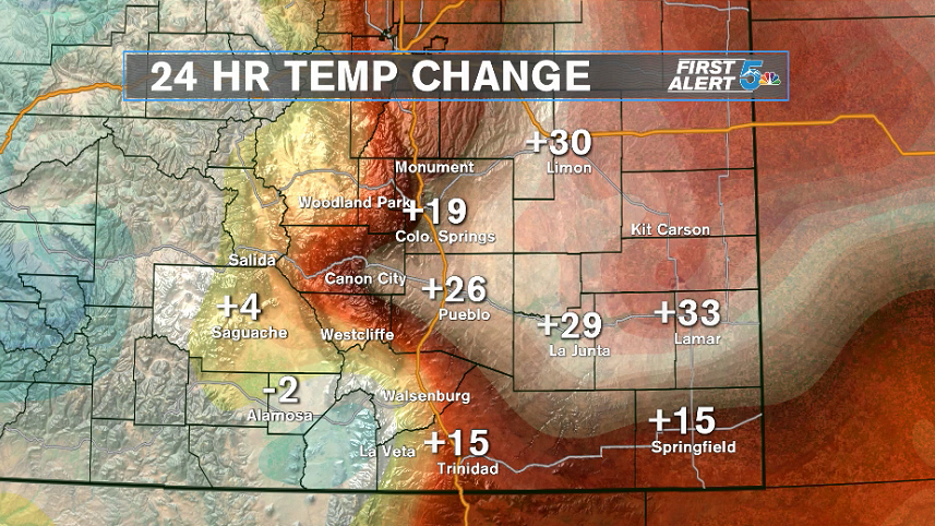 AlanRoseWX's tweet image. Strong southerly winds have brought quite the warm-up to Southern Colorado today! From Pueblo east into the Plains, temps are running more than 25 to 30 degrees warmer than yesterday. #Summerisback #COwx