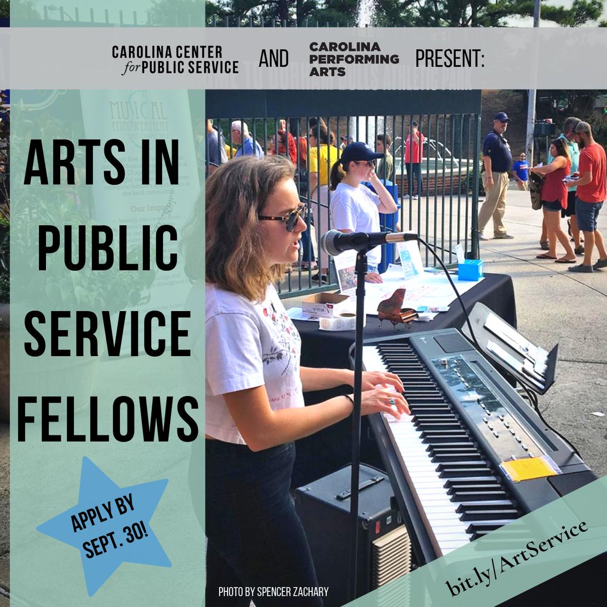 Founded in 2015 with <a href="/UNCPerformArts/">Carolina Performing Arts</a>, the Arts in Public Service Fellows program encourages students to enrich their communities through the arts. Apply by Sept. 30—that’s tomorrow! Bit.ly/ArtService #CCPS20