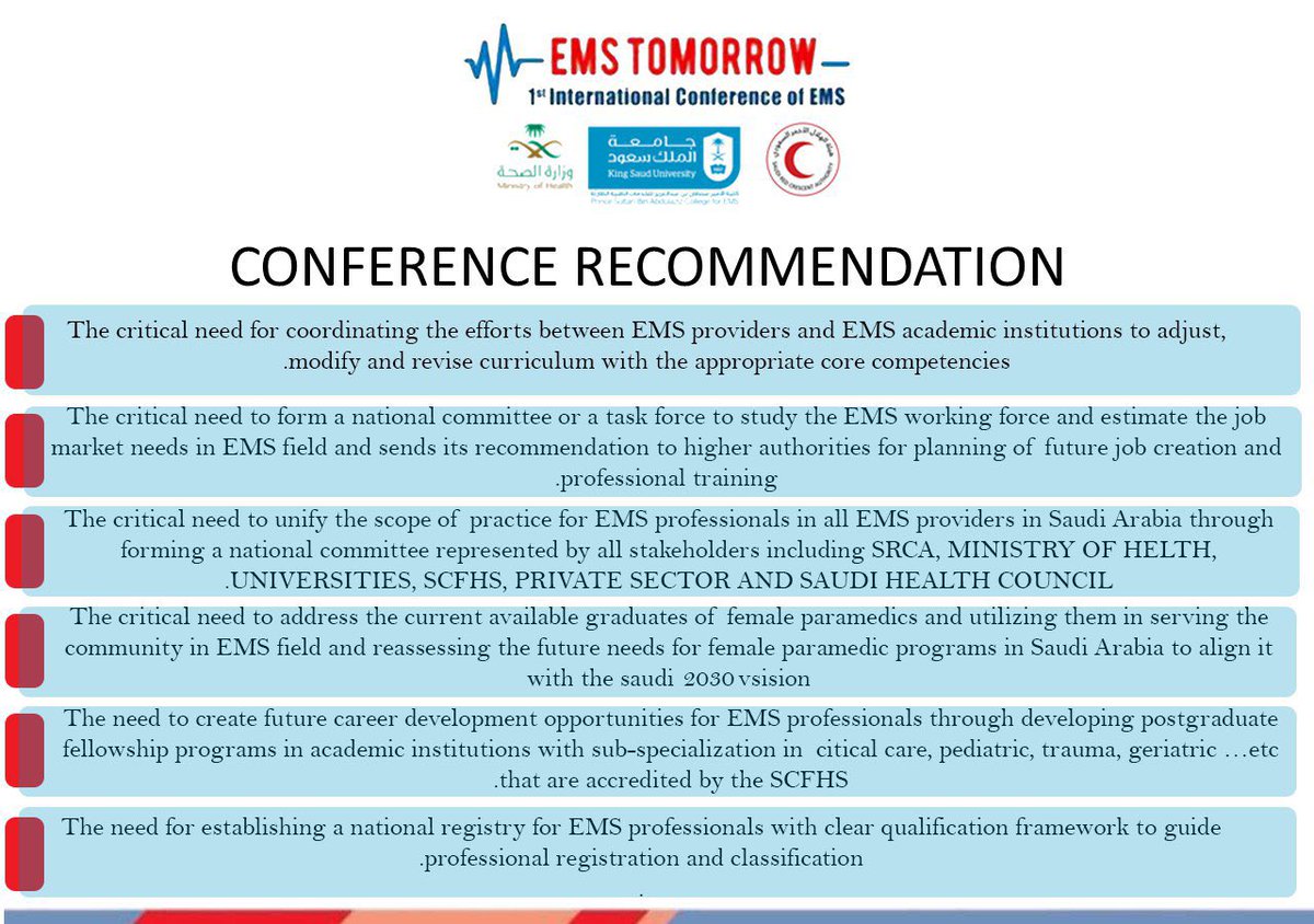 📌
"توصيات المؤتمر الدولي الأول للخدمات الطبية الطارئة"
"Conference Recommendation"
#EMSTOMORROW