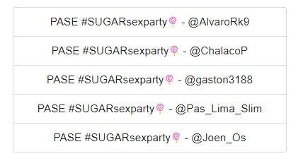 @DickAssauna <a href="/alxs002/">ALXS 🍑</a> @LatinVicious <a href="/ChalacoP/">ChalacoPingon</a> <a href="/RAct2018/">rodrigo_act2018</a> <a href="/CaBBareLechero/">🇵🇪CA🅱️🅱️ARÉ Lechero🍌💦👌</a> <a href="/RabbitPopper/">Rabbit🐰Popper</a> @RichiTNT @peraltita424 <a href="/_Perseo00/">⚜|| Perseo ||⚜ Noir Version</a> FELICITACIONES👏🏼 GANADORES DE PASES PARA #SUGARsexparty.

@AlvaroRk9
<a href="/ChalacoP/">ChalacoPingon</a>
<a href="/gaston3188/">Gaston L</a>
<a href="/Pas_Lima_Slim/">PasLimaF</a>
<a href="/Joen_Os/">🥇🍌JOE🍌🥇</a>

NO OLVIDEN TRAER SUS SANDALIAS (PERMITIDO ZAPATILLAS). LOS ESPERAMOS HOY DOMINGO DESDE LAS 4PM