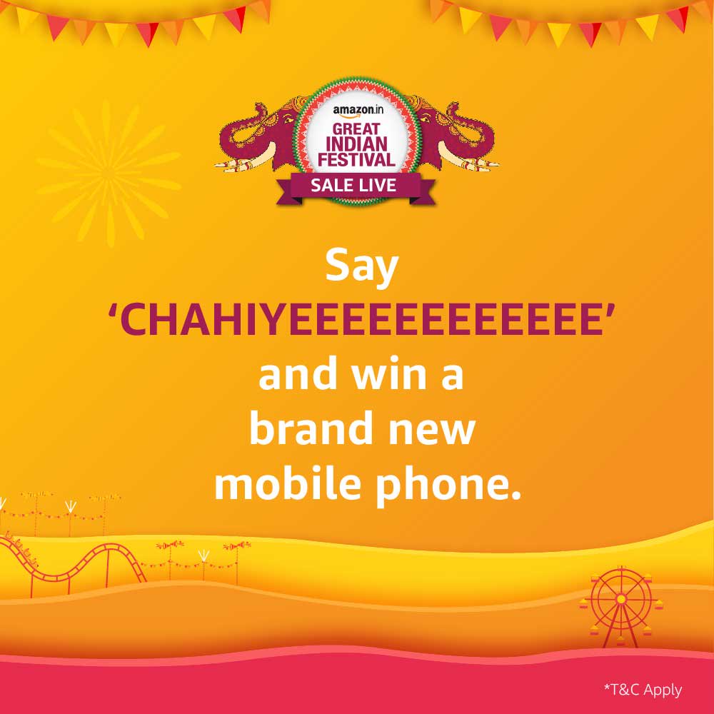 amazonIN's tweet photo. Badly want a new phone? Tell us with a video/voice recording where you go '<insert mobile phone you want> chahiye’ using #AmazonMobileChahiye. Entries with the longest chahiye stand a chance to win a brand new OnePlus7T* https://t.co/GtecVI8xh8 #AmazonGreatIndianFestival https://t.co/17iaNWCU6k