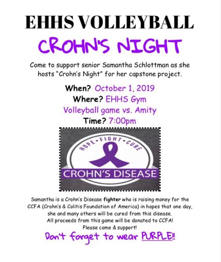 Come out and support Sam Schlottman, your Senior Class President, on Crohns Night this Tuesday @ 7pm! 💜💜💜
