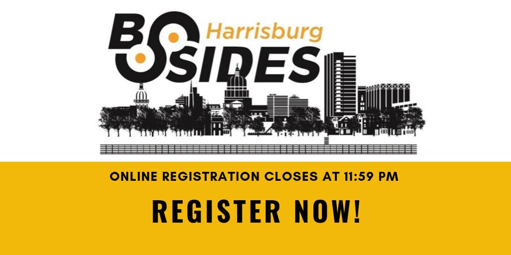 Register Now! Online Registration Closes at 11:59 pm tonight!  On site registration will be available. #BSidesHBurg 
BSidesHarrisburg.com