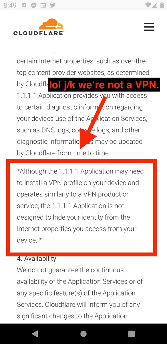 notdan's tweet image. Don&apos;t install Cloudflare&apos;s WARP &quot;VPN&quot;. This is NOT A VPN by their own admission, and is a privacy MINEFIELD. This is a jaw dropping TOS, and I&apos;m only a few paragraphs in.