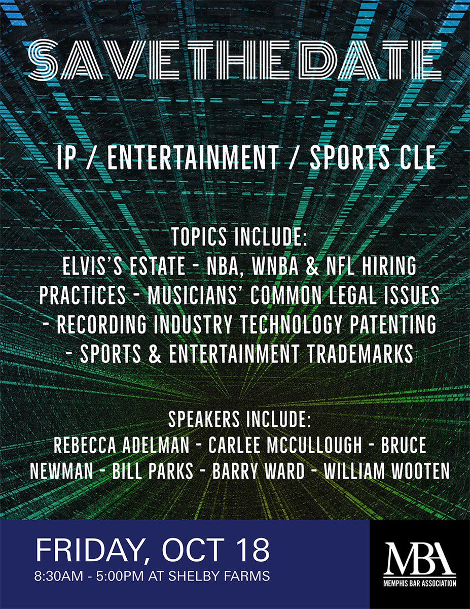wawooten's tweet photo. I am excited to speak at the Memphis Bar Association’s CLE before the MEMPHO festival at Shelby Farms on Trademarks for Celebrities and Athletes!  Please register and join us!

https://t.co/bxs58H0PB5 https://t.co/fhS5OoUvan