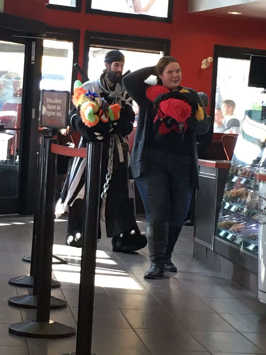 RevLizzle's tweet photo. So far in Halifax we have been to Tim Horton’s for coffee and doughnuts, ridden around the city on a double decker bus, and had our first ever, real-life furry encounter. What a day to be alive! https://t.co/sltALxzAxy